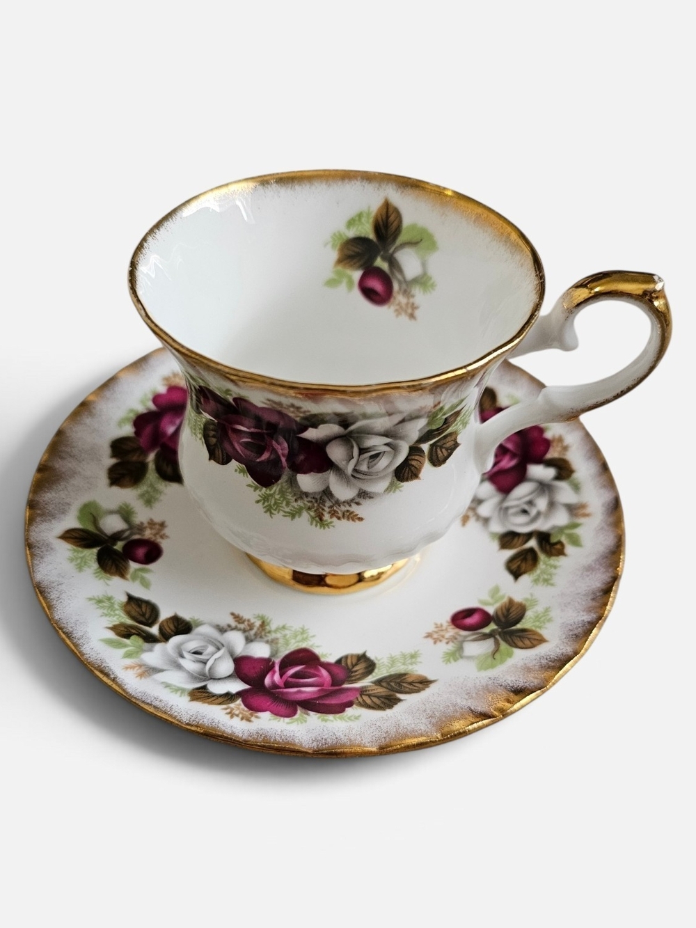 Classic Floral Porcelain Teacup and Saucer Set - White with Pink Rose Accents